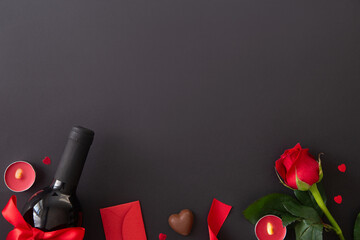 Fototapeta na wymiar Love background with red wine, rose, ribbon and candles. Valentines background, love, date concept with copy space, flat lay photo