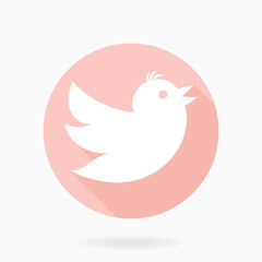 Pink icon with flying bird in the circle. Flat design with long shadow
