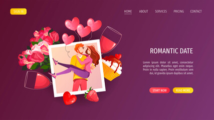 Obraz na płótnie Canvas Photo with a couple in love. Cupcake, glasses of red wine, flowers and heart balloons. Valentine's day, Romantic, Love concept. Vector illustration for banner, website, poster, card.