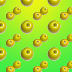 Green apples laid out in a pattern on a light green background, wallpaper, template, flat-lying