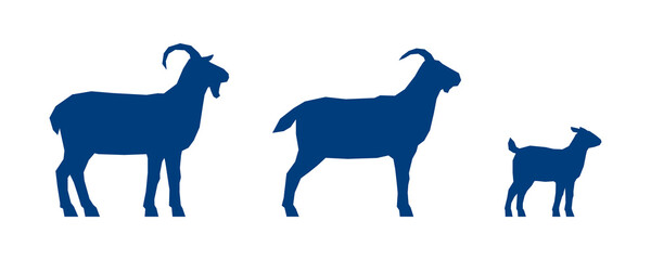 Low poly buck, goat and kid on white background. Blue silhouettes. Vector Illustration