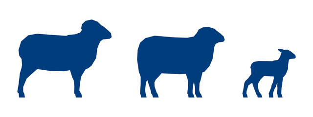 Low poly ram, sheep and lamb on white background. Blue silhouettes. Vector Illustration