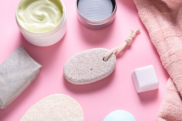 Fototapeta na wymiar Bath tools, towel, cream and soap on toilet table