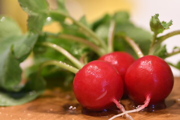 Fresh red turnips on wooden cutting board
