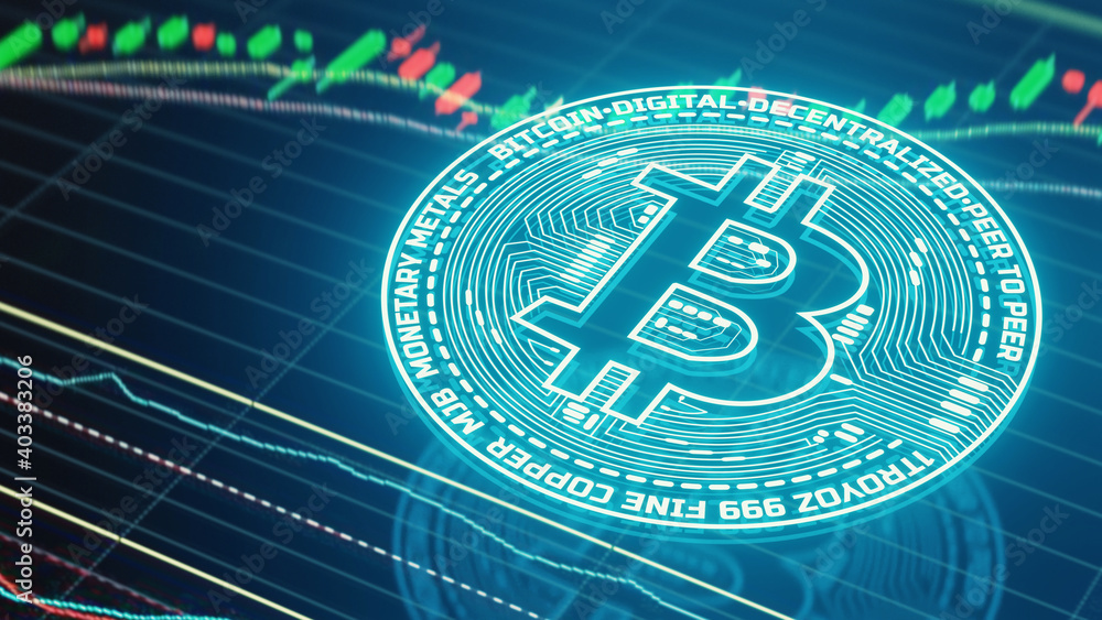 Poster 3d rendering of hologram bitcoin glowing in blue color over screen panel of stock candle stich chart