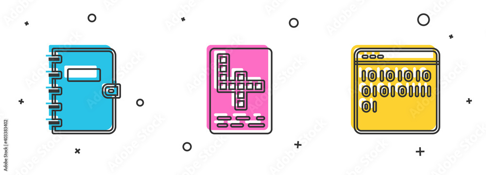 Poster set spiral notebook, crossword and binary code icon. vector.