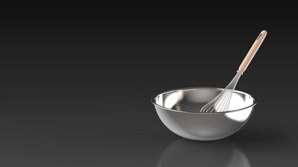 whisk and bowl black background one right front 3D Render