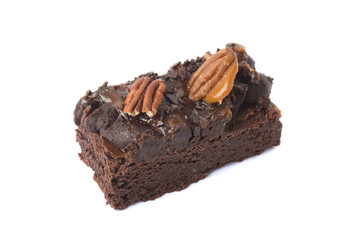 chocolate brownie with pecans isolated on a white background