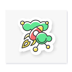 Creative inspiration patch. Rocket launching in information sky badge for designs. Custom sticker. Concept of artistic insight and productive idea. Vector emblem for web and business