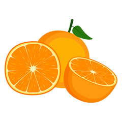 Orange, whole fruit and half, on white background, vector illustration