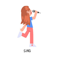 Sing Word, the Verb Expressing the Action, Children Education Concept, Cute Girl Singing with Microphone Cartoon Style Vector Illustration