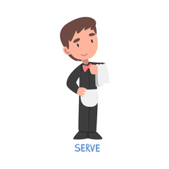 Serve Word, the Verb Expressing the Action, Children Education Concept Cartoon Style Vector Illustration