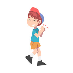 Cute Little Boy Clapping his Hands, Joyful Kid Wearing Shorts, T-shirt and Baseball Cap Expressing Enjoyment, Appreciation, Delight Cartoon Style Vector Illustration