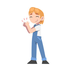 Little Boy Clapping his Hands, Happy Kid on Overalls Applauding Expressing Enjoyment, Appreciation, Delight Cartoon Style Vector Illustration