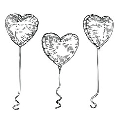 Sketch Valentines Day ballons in sketch style. Doodle  heart shape balloon. Hand drawn illustration. 