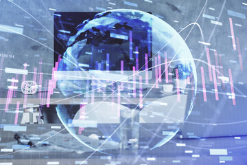 Multi exposure of financial graph drawing and office interior background. Concept of market analysis.
