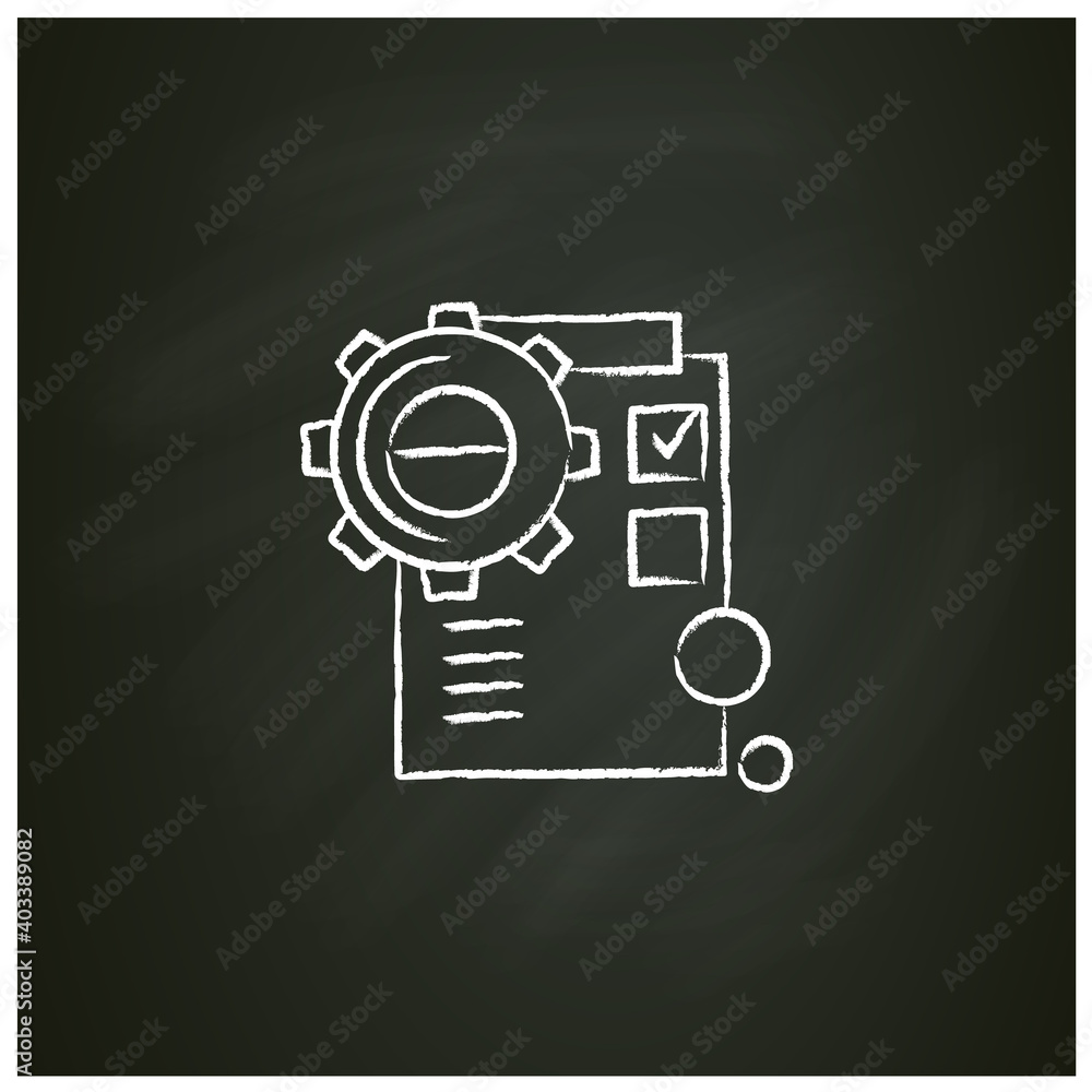 Poster product implementation chalk icon. gear sketch with checklist. concept of creative product applicati
