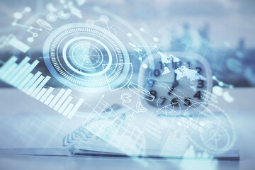 Double exposure of business theme drawings and desk with open notebook background. Concept of international market