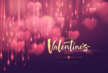 Bokeh Blurred Heart Shape Shiny Luxurious Background for Valentines Day congratulations. Handwriting lettering Happy Valentines Day. Vector illustration
