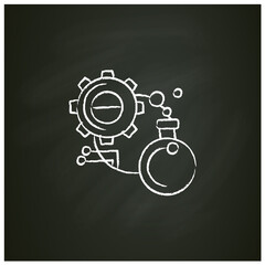 Experiment chalk icon. Glass bulb with gear and information link sketch. Creative idea test, scientific research and product evaluation concept. Isolated vector illustration on chalkboard