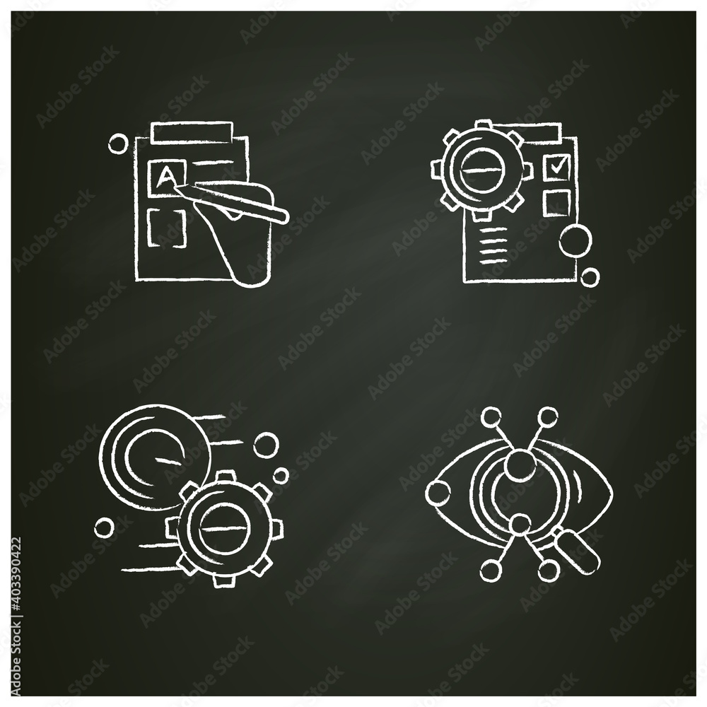 Poster creative process chalk icons set. including deadline, research, idea. sketch collection for design a