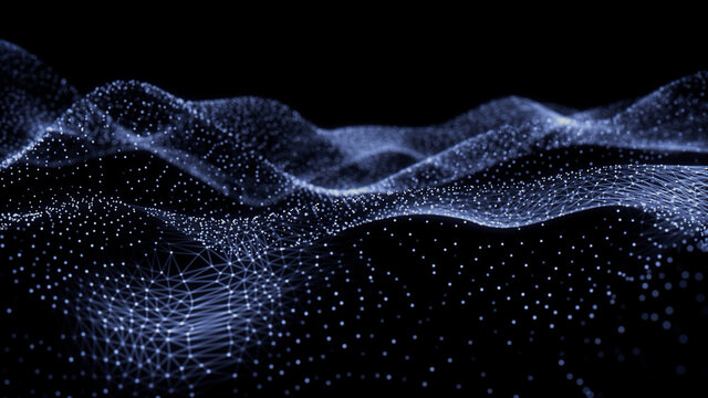 Abstract 3D Technology concept. Big Data and Artificial Intelligence represented as a High Tech Futuristic Particle Network. Abstract background. 3D render