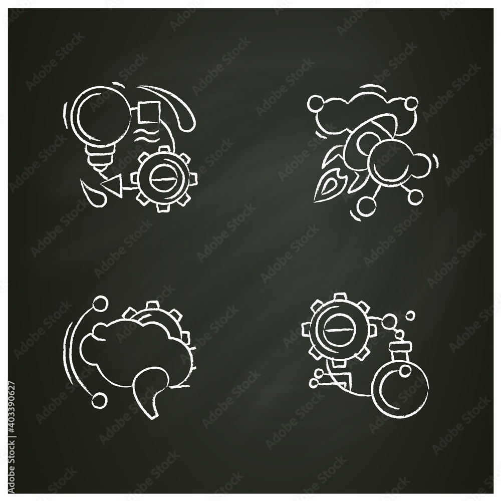 Poster creative process chalk icons set. including inspiration, brainstorm, experiment. sketch collection f