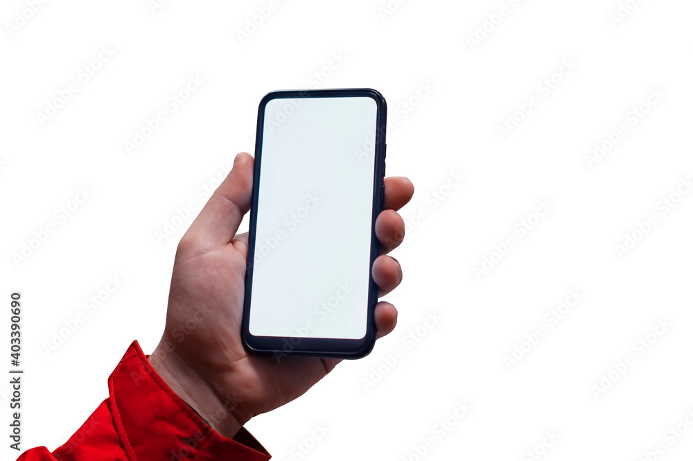 Poster man holding mock up smartphone with white display close up isolated on white background.