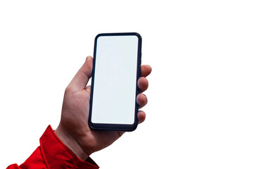 Man holding mock up smartphone with white display close up isolated on white background.