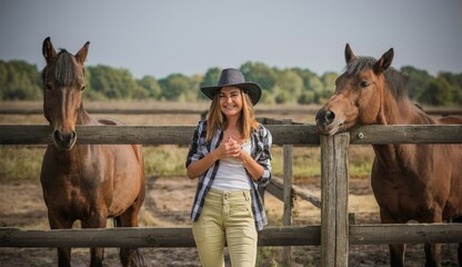 Horse farm concept, hobby -  rider. Woman talk with a horse, eco tourism 