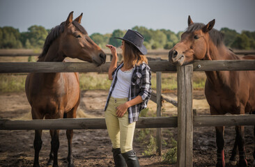 Horse farm concept, hobby -  rider. Woman talk with a horse, eco tourism 