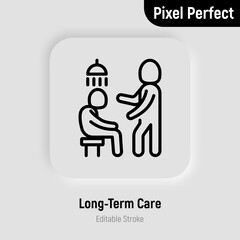 Caregiver with elderly person helps to take shower. Thin line icon. Assisted living in nurse house. Geriatric medicine. Pixel perfect, editable stroke. Vector illustration.