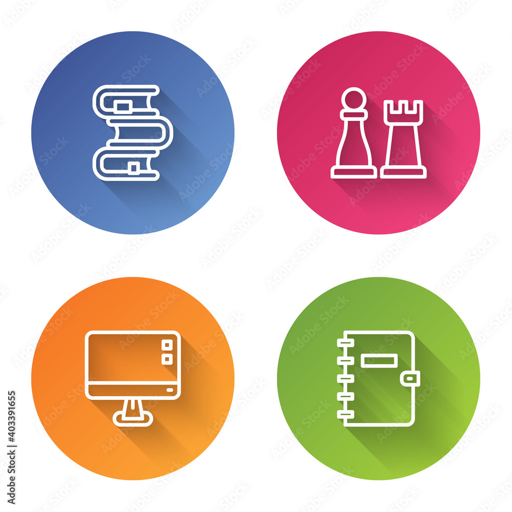 Aufkleber set line book, chess, computer monitor screen and spiral notebook. color circle button. vector.