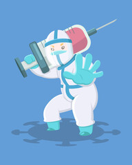 Medical staff in protective suit carrying vaccine syringe