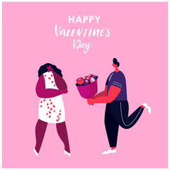 Happy Smiling Young Man Presenting a Bouquet of Flowers for Girlfriend for Valentine Day,Birthday or Wedding Anniversary.Loving Romantic Couple Celebrate Heart Holiday Cartoon Flat Vector Illustration
