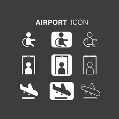 Set of Airport Vector White Icons, Black Icons and White Line Icons on Black Background. Contains such Icons as Disabled, Lift Symbol and Plane Landing.