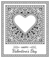 Hand drawn valentines day greeting card or banner with mehndi flower. decoration in ethnic oriental, doodle ornament. outline hand draw illustration.  
