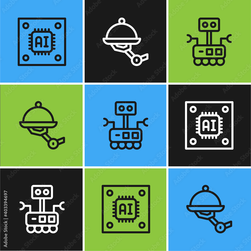 Poster set line processor with microcircuits cpu, robot and waiter robot icon. vector.