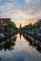 Naklejka premium City canal in Alkmaar at sunset, Netherlands