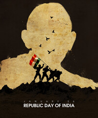 "Republic day" minimal poster illustration. Indian army carrying Indian flag for Republic Day celebration (26 January) on the top of the hill. Outline of Mahatma Gandhi on the background. 