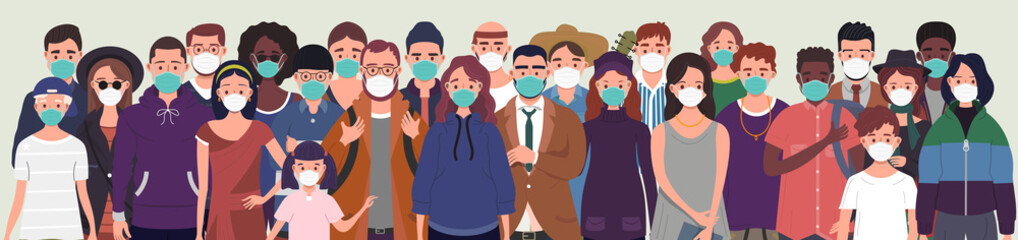 Fototapeta premium Group of people wearing protective medical masks for protection from virus. Prevention and safety procedures concept. Flat style illustration 