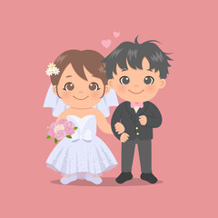 Cute bride and groom wearing wedding dress and tuxedo. Valentine's day greeting card. Flat style vector.