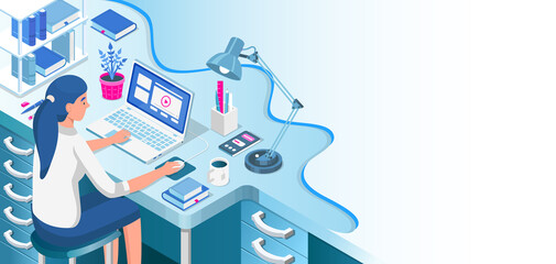 Learning online at home. Student sitting at desk and looking at laptop. E-learning banner. Web courses or tutorials concept. Distance education flat isometric illustration. - obrazy, fototapety, plakaty
