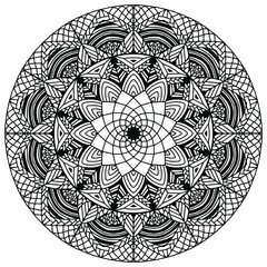 mandala with abstract flowers in fok style drawn for coloring on a white background, vector