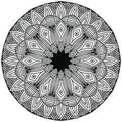 mandala with linear ornaments in fok style drawn for coloring on a white background, vector