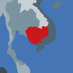 Shape of the Cambodia in context of neighbour countries. Country highlighted with red color on world map. Cambodia map template. Vector illustration.