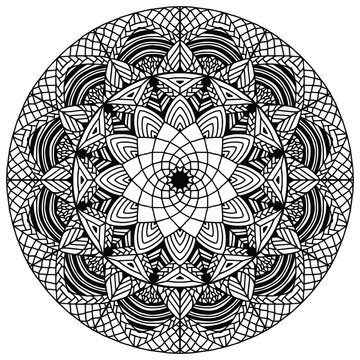 mandala with abstract flowers in fok style drawn for coloring on a white background, vector