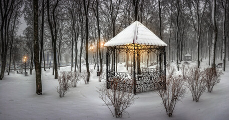  A wrought-iron gazebo in a winter park