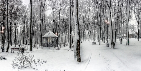  A wrought-iron gazebo in a winter park