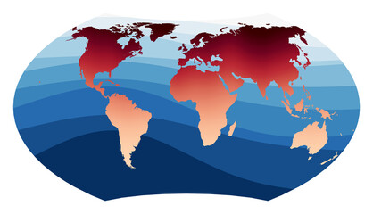 World Map Vector. Wagner projection. World in red orange gradient on deep blue ocean waves. Charming vector illustration.